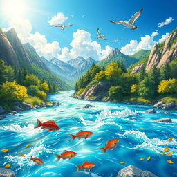 An anime-inspired illustration depicting the interactions among the four spheres of the Earth: the lithosphere, hydrosphere, atmosphere, and biosphere