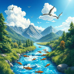 An anime-inspired illustration depicting the interactions among the four spheres of the Earth: the lithosphere, hydrosphere, atmosphere, and biosphere