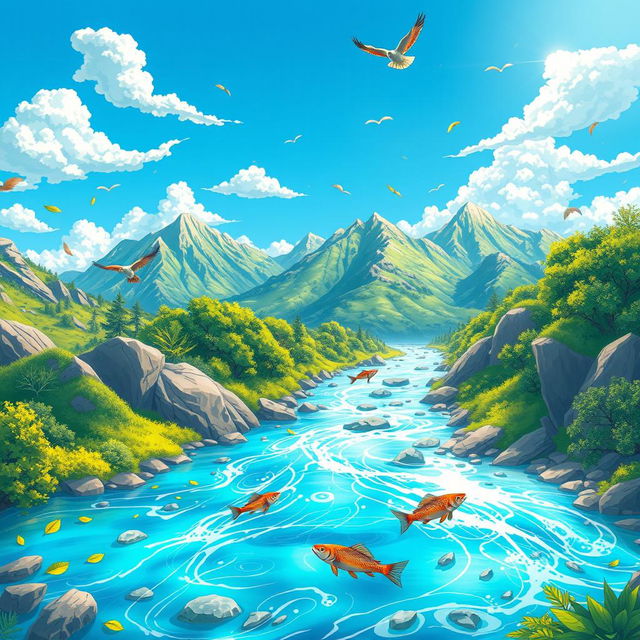 An anime-inspired illustration depicting the interactions among the four spheres of the Earth: the lithosphere, hydrosphere, atmosphere, and biosphere