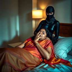 A striking scene featuring two attractive Indian women in a bedroom setting