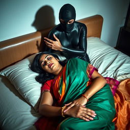 A striking scene featuring two attractive Indian women in a bedroom setting