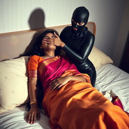 A striking scene featuring two attractive Indian women in a bedroom setting