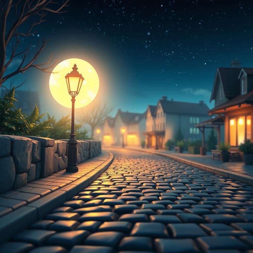 A serene moonlit street scene featuring a glowing streetlamp that casts a soft, warm light over a picturesque cobblestone path