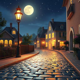 A serene moonlit street scene featuring a glowing streetlamp that casts a soft, warm light over a picturesque cobblestone path
