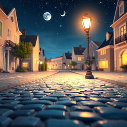 A serene moonlit street scene featuring a glowing streetlamp that casts a soft, warm light over a picturesque cobblestone path
