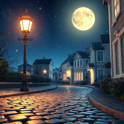 A serene moonlit street scene featuring a glowing streetlamp that casts a soft, warm light over a picturesque cobblestone path