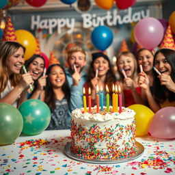 A colorful and festive birthday celebration scene featuring a beautifully decorated birthday cake with colorful sprinkles and candles, surrounded by vibrant balloons, cheerful party hats, and colorful confetti scattered on a table