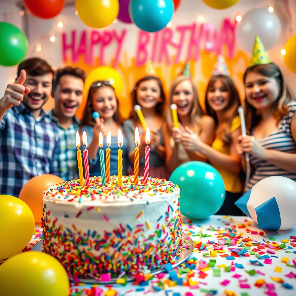 A colorful and festive birthday celebration scene featuring a beautifully decorated birthday cake with colorful sprinkles and candles, surrounded by vibrant balloons, cheerful party hats, and colorful confetti scattered on a table