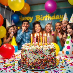 A colorful and festive birthday celebration scene featuring a beautifully decorated birthday cake with colorful sprinkles and candles, surrounded by vibrant balloons, cheerful party hats, and colorful confetti scattered on a table