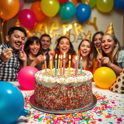 A colorful and festive birthday celebration scene featuring a beautifully decorated birthday cake with colorful sprinkles and candles, surrounded by vibrant balloons, cheerful party hats, and colorful confetti scattered on a table