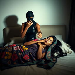 A captivating scene featuring two attractive Indian women in a stylish bedroom setting