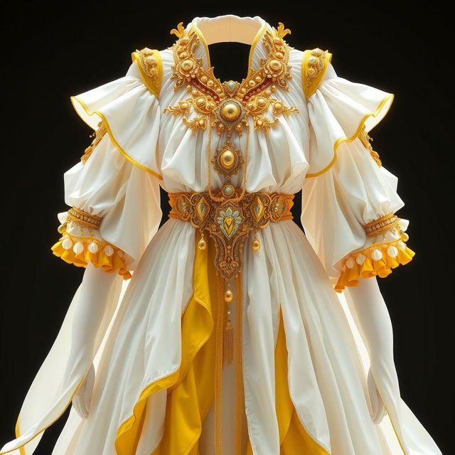 A stunning layered white and yellow dress with detached sleeves, inspired by the Sumeru region in Genshin Impact