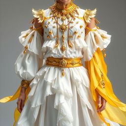 A stunning layered white and yellow dress with detached sleeves, inspired by the Sumeru region in Genshin Impact