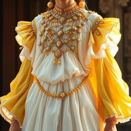 A stunning layered white and yellow dress with detached sleeves, inspired by the Sumeru region in Genshin Impact