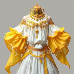 A stunning layered white and yellow dress with detached sleeves, inspired by the Sumeru region in Genshin Impact