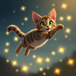 A graceful tabby cat named Luna, featuring vibrant emerald-green eyes, leaping elegantly through the air as she playfully chases luminous fireflies