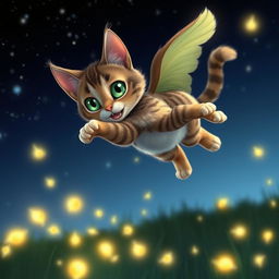 A graceful tabby cat named Luna, featuring vibrant emerald-green eyes, leaping elegantly through the air as she playfully chases luminous fireflies