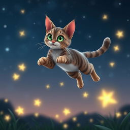 A graceful tabby cat named Luna, featuring vibrant emerald-green eyes, leaping elegantly through the air as she playfully chases luminous fireflies