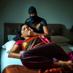 A dramatic scene featuring two attractive Indian women