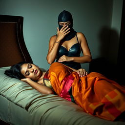 A dramatic scene featuring two attractive Indian women