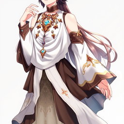 An anime character wearing a layered white and dark brown dress with detached sleeves, featuring numerous golden trinkets and gems, especially adorned around the neck and upper arms