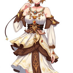 An anime character wearing a layered white and dark brown dress with detached sleeves, featuring numerous golden trinkets and gems, especially adorned around the neck and upper arms