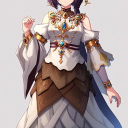 An anime character wearing a layered white and dark brown dress with detached sleeves, featuring numerous golden trinkets and gems, especially adorned around the neck and upper arms