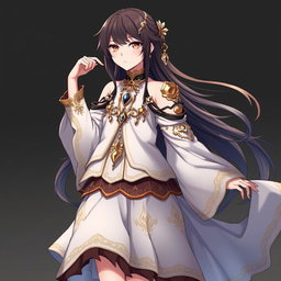 An anime character wearing a layered white and dark brown dress with detached sleeves, featuring numerous golden trinkets and gems, especially adorned around the neck and upper arms