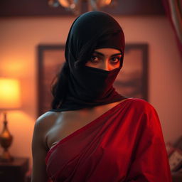 An enticing scene featuring an attractive Indian woman wearing a beautifully draped saree, embodying elegance and allure