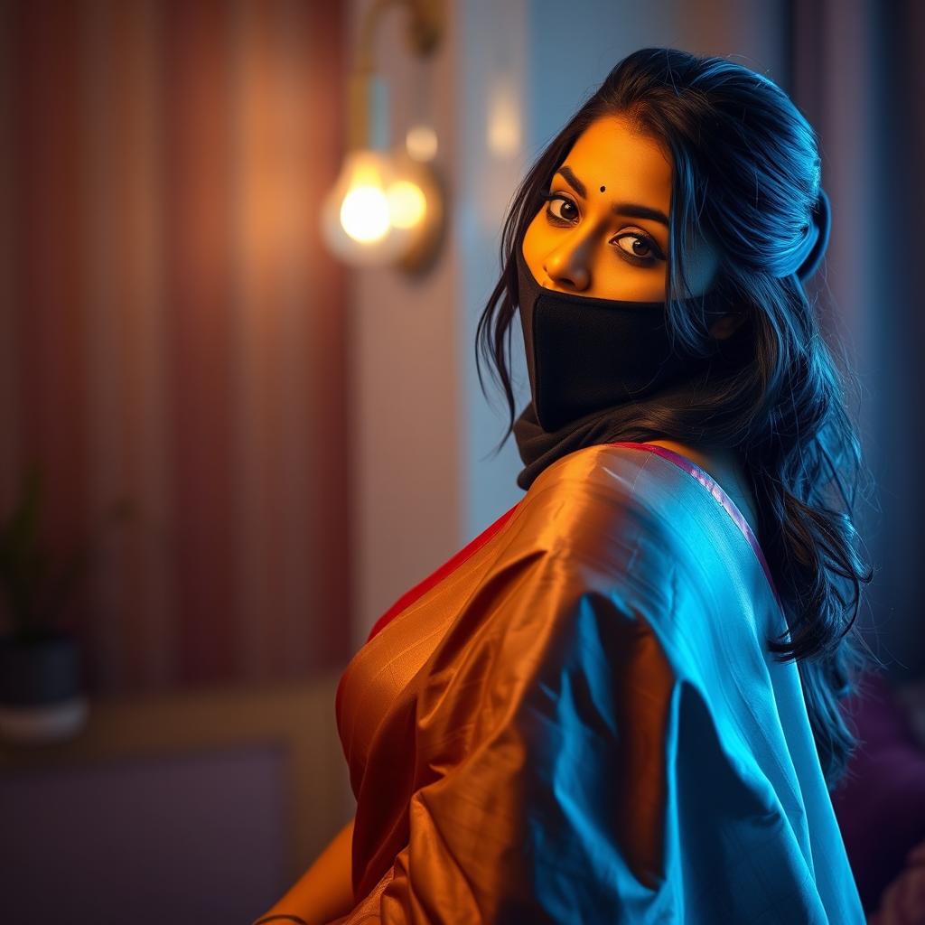 An enticing scene featuring an attractive Indian woman wearing a beautifully draped saree, embodying elegance and allure