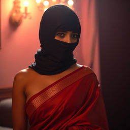 An enticing scene featuring an attractive Indian woman wearing a beautifully draped saree, embodying elegance and allure