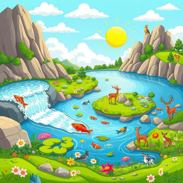 An anime-style illustration representing the interactions among the four spheres of the environment: the atmosphere, hydrosphere, lithosphere, and biosphere