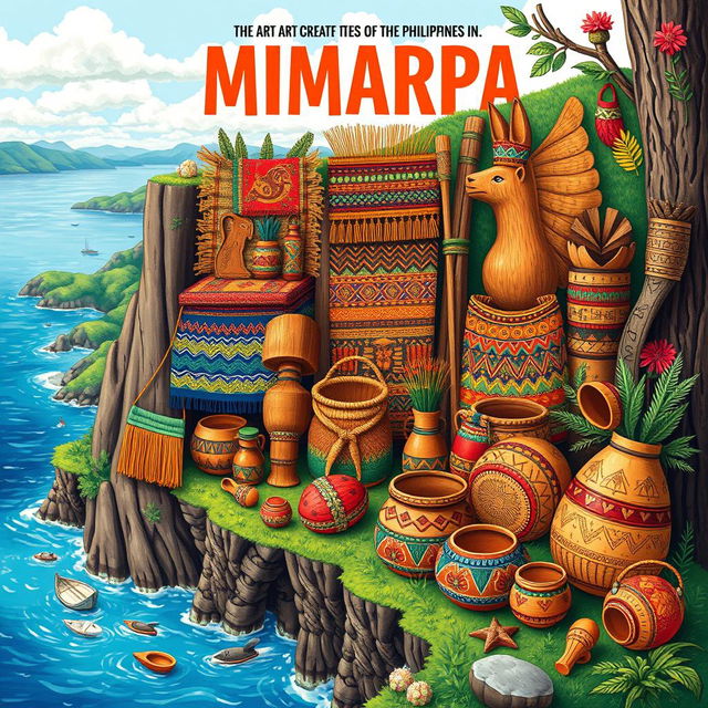 A colorful and detailed illustration showcasing the unique arts and crafts of the MIMAROPA region in the Philippines
