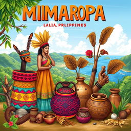A colorful and detailed illustration showcasing the unique arts and crafts of the MIMAROPA region in the Philippines