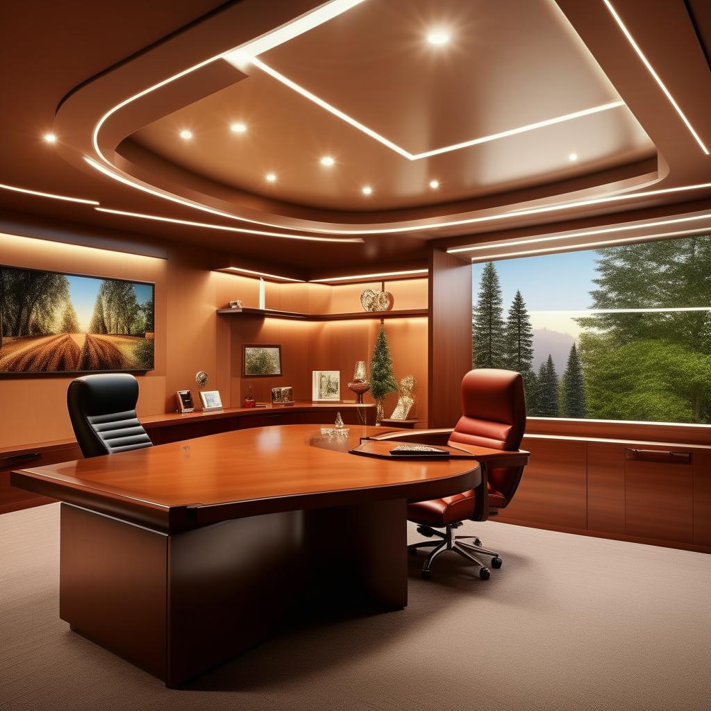 A 15'x16' CEO office cabin, professionally designed with sleek office furniture, large glass windows, expansive, polished desk, comfortable seating, elegant lighting fixtures, shelves with prestigious awards and motivational artwork on the walls.