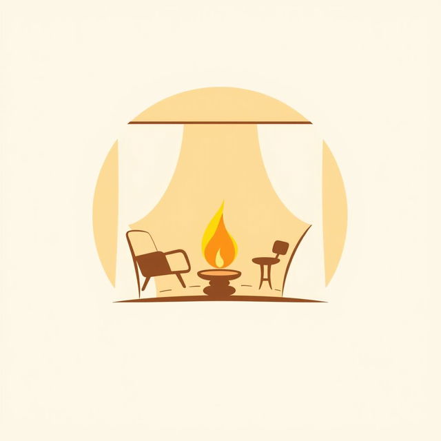 A stylish and modern logo design featuring a cozy room silhouette with a warm, flickering flame or candle at the center