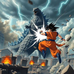 A spectacular battle scene showcasing Godzilla and Goku engaged in a fierce combat