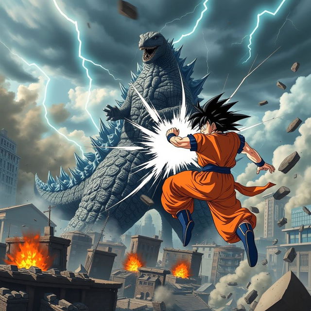 A spectacular battle scene showcasing Godzilla and Goku engaged in a fierce combat