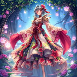 A beautifully detailed dress inspired by Sumeru NPCs from Genshin Impact, showcasing an intricate design with floral patterns and vibrant colors reminiscent of a lush and exotic garden