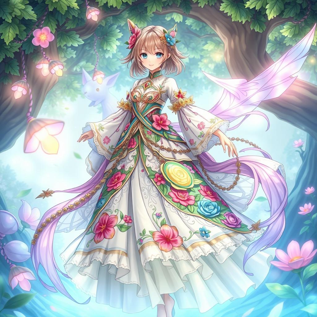 A beautifully detailed dress inspired by Sumeru NPCs from Genshin Impact, showcasing an intricate design with floral patterns and vibrant colors reminiscent of a lush and exotic garden