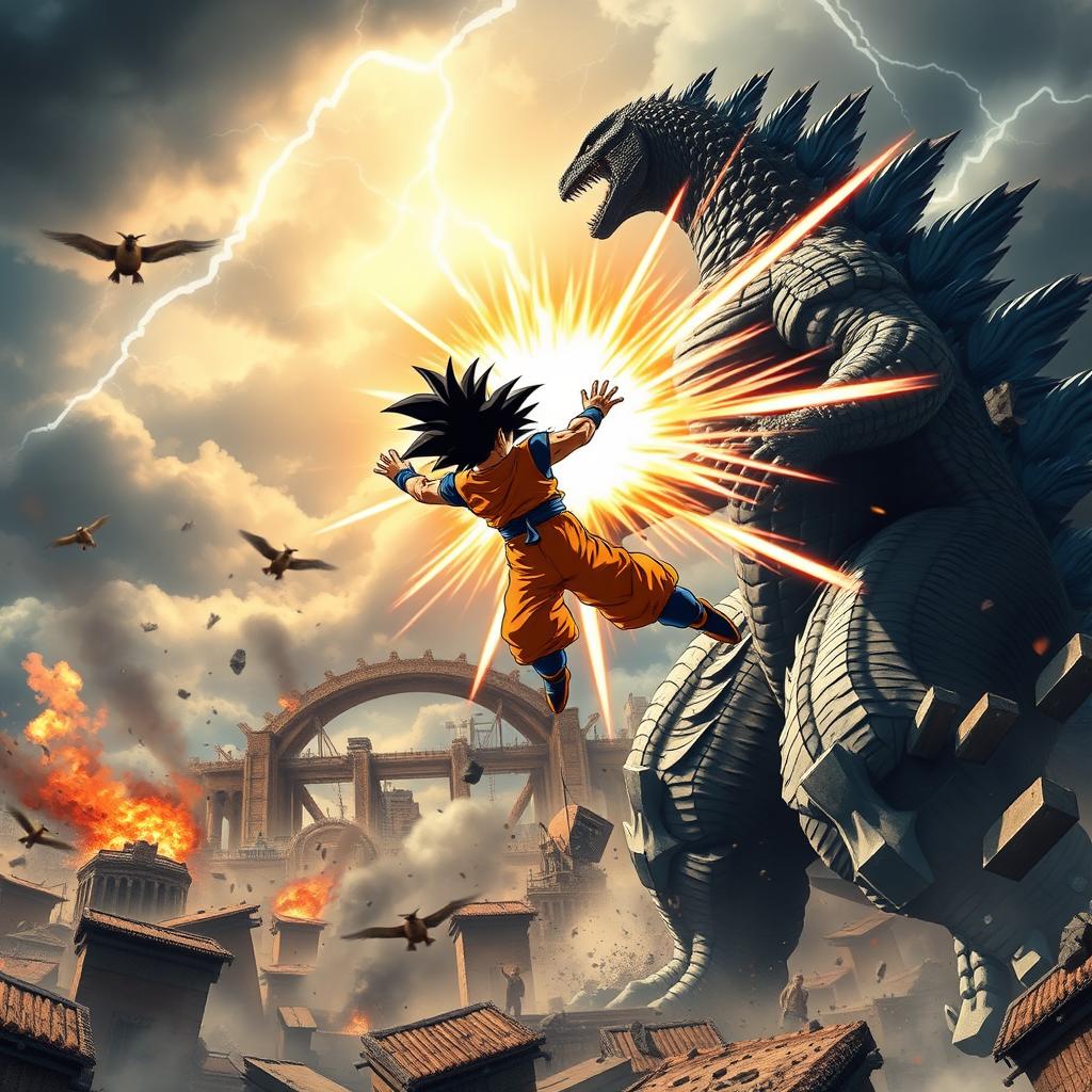 A spectacular battle scene showcasing Godzilla and Goku engaged in a fierce combat