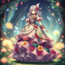 A beautifully detailed dress inspired by Sumeru NPCs from Genshin Impact, showcasing an intricate design with floral patterns and vibrant colors reminiscent of a lush and exotic garden