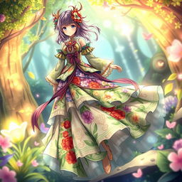 A beautifully detailed dress inspired by Sumeru NPCs from Genshin Impact, showcasing an intricate design with floral patterns and vibrant colors reminiscent of a lush and exotic garden