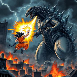 A dramatic scene depicting a colossal Godzilla towering over a devastated cityscape as it unleashes a powerful atomic breath toward Goku, who is in mid-air, attempting to dodge the attack