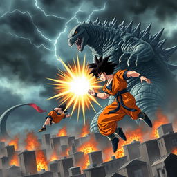A dramatic scene depicting a colossal Godzilla towering over a devastated cityscape as it unleashes a powerful atomic breath toward Goku, who is in mid-air, attempting to dodge the attack