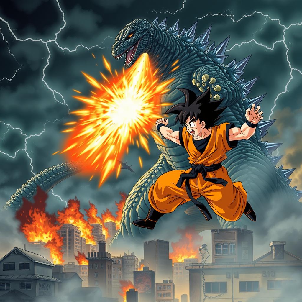 A dramatic scene depicting a colossal Godzilla towering over a devastated cityscape as it unleashes a powerful atomic breath toward Goku, who is in mid-air, attempting to dodge the attack