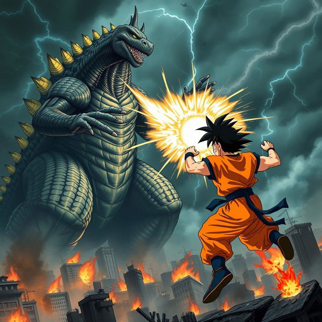 A dramatic scene depicting a colossal Godzilla towering over a devastated cityscape as it unleashes a powerful atomic breath toward Goku, who is in mid-air, attempting to dodge the attack