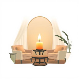 A logo design featuring a cozy room setting, showcasing a softly glowing candle or flame as the focal point