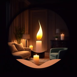 A logo design featuring a cozy room setting, showcasing a softly glowing candle or flame as the focal point