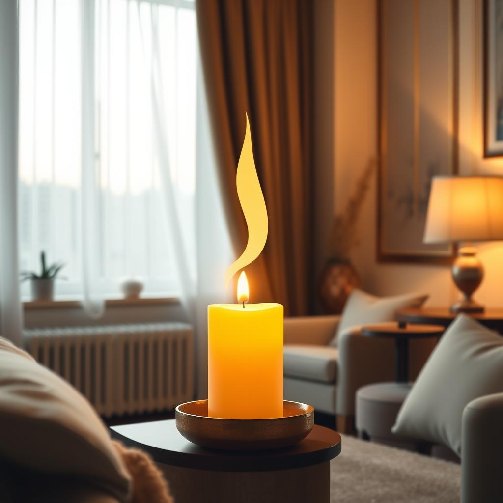 A logo design featuring a cozy room setting, showcasing a softly glowing candle or flame as the focal point